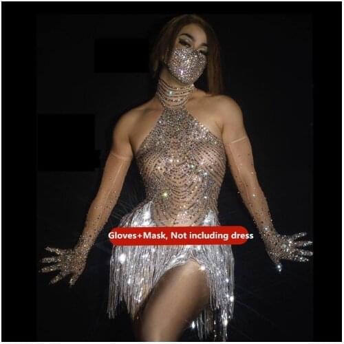 Sexy Women Elastic Mesh Net Perspective Crystal Leotard Singer Stage Outfit Rhinestone Tassel Latin Dance Bodysuit