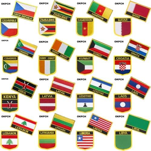 Czech Rep. Zimbabwe Cameroon Qatar National Flag Embroidered Iron on Patches for Clothing Metal badges DIY Saw on Patches