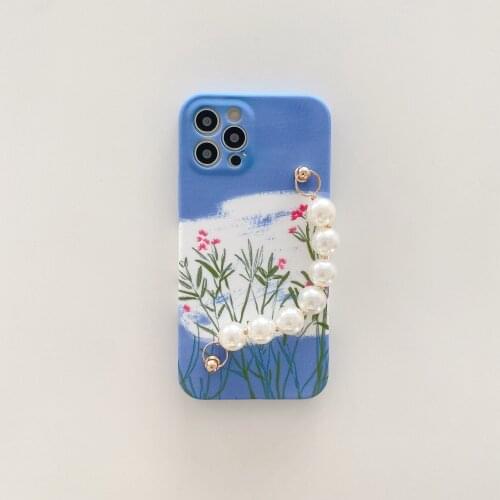 Blue Painting Pearl Wrist Chain Case for iPhone 12 Pro Max Back Phone Cover for 12 Mini 11 Pro Max X XS XR 8 7 Plus SE 2020