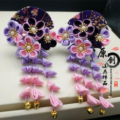 Purple Cosplay Sakura Fan Tassel Headdress Ancient Costume Kimono Accessories Hairpin Tsumami Zaiku Yukata Barrettes Kanzashi