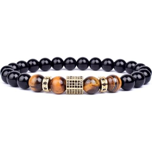 Matte Onyx Stone&Tiger Eye Combination Stitching with Cubic Zircon Hand Jewelry Beads Bracelet Elastic Stretch Men Bracelet Gift