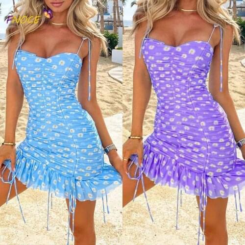 Floral Mini Dresses Strapless FNOCE Sundress With Straps Womens Clothing 2021 Summer Printed Sexy Sling Pleated Skirt Dress