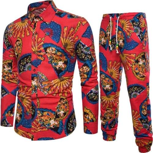 Mens Long-sleeved Floral Shirt Pants Set 2021 Spring&Autumn New Mens Clothing Retro Linen Printed Shirt Trousers Two-piece