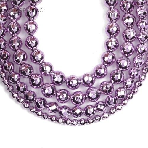 Natural Nano Vacuum Plating Light Purple Hematite Stone Round Faceted Spacer Beads For Jewelry Making 3-10mm Diy Bracelets 15"