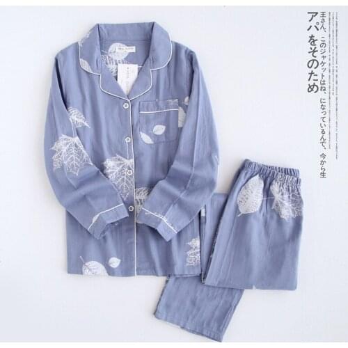 Print Leaves Pajamas Set Ladies Cartoon Gauze Cotton Pyjamas Autumn Women 2Pcs Long Sleeve+Pants Pijamas Comfort Casual Homewear