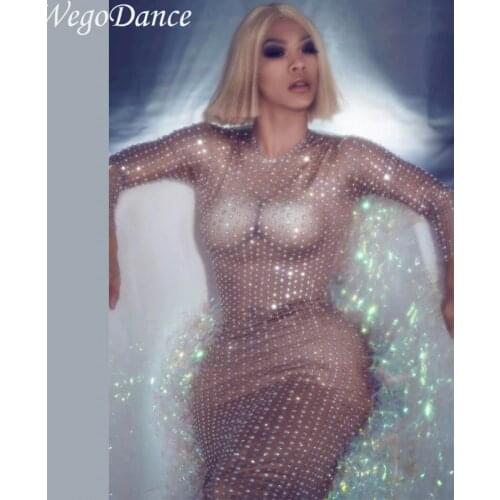 New Sexy Pearls Rhinestones Stretch Long Dress Stage Wear Nightclub One-piece Singer Evening Performance Long Sleeves Dress