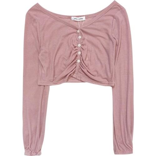 Pleated design summer V-neck button-breasted slim thin sunscreen long-sleeved t-shirt