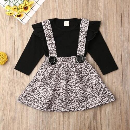 Pudcoco Newborn Baby Girl Clothes Solid Color Fly Sleeve Romper Tops Leopard Print Strap Mini Skirt 2Pcs Outfits Cotton Clothes