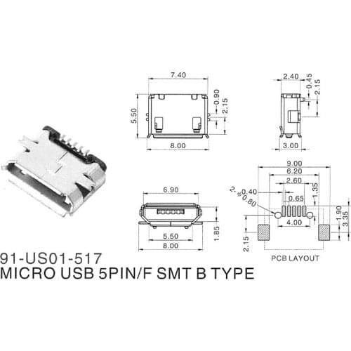 Phone charging socket Michael Connectors MICRO USB 5pin SMT B type has a column full of copper usb connector