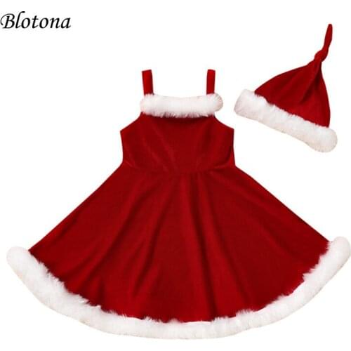 Blotona Christmas Baby Girls Velvet Stitchinge Dress Solid Square Collar Suspender Skirt Party Santa Dresses with Hat, 18M-6Y