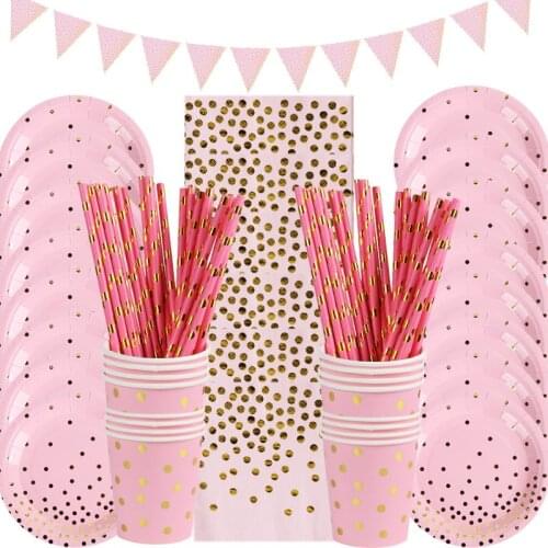 Blue Pink Rose Hot Stamping Polka Dot Paper Cup Paper Plate Table Disposable Tableware Set Party Party Decoration Supplies