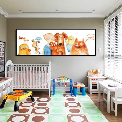 Modern Cartoon Posters and Prints Wall Art Canvas Painting Happy Family Pictures for Kids Room Home Decor Children Room Gifts