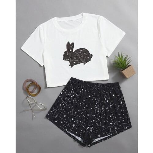 Ladies Home Wear 2 Piece Pajamas Girls Clothes Comfortable Casual Style Cartoon Pattern