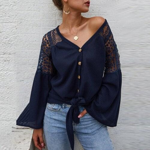 Womens Casual Shirt Lace Hollow Out Flare Long Sleeve V-Neck Top Blouses Fashion Chemise Femme Solid Color Loose Shirts Рубашки