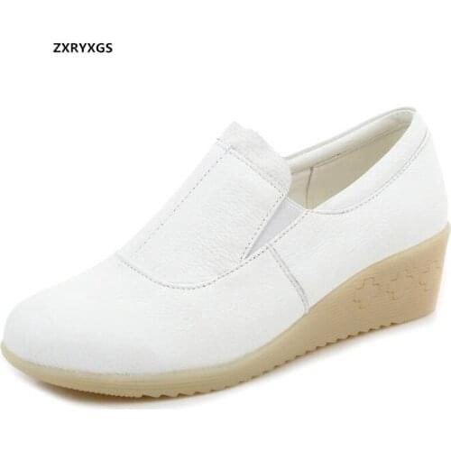 2021 New Spring Full Genuine Leather Shoes White Women Nurse Shoes Wedges Soft Sole Warm Winter Shoes Hospital Work Women Shoes