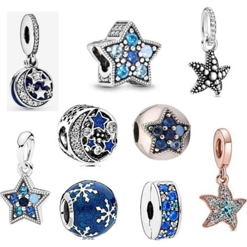 925 Sterling Silver Beads Charms Blue Crystal Starfish Star Dangle Charm Fit Original pan Bracelet For Women DIY Jewelry