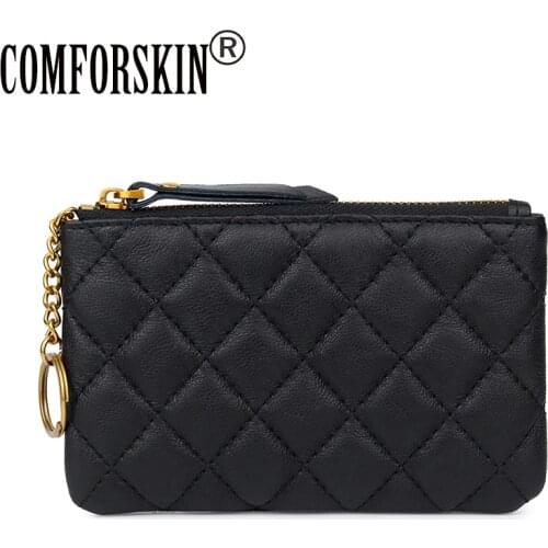 COMFORSKIN Fashion Soft Genuine Leather Women Coin Purse Wallet New Arrivals Sheepskin Geometric Style Lays Zipper Purse 2018