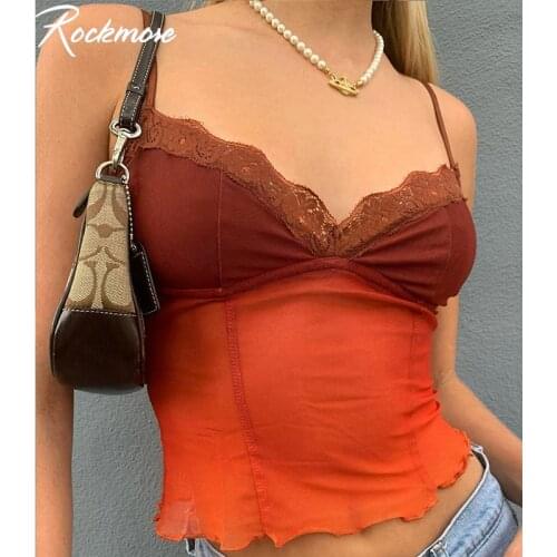 Rockmore Y2K Lace Patchwork Mesh Sexy Tops For Women Bodycon Spaghetti Strap Camis Deep V Neck Casual See Through Croptops Clubv