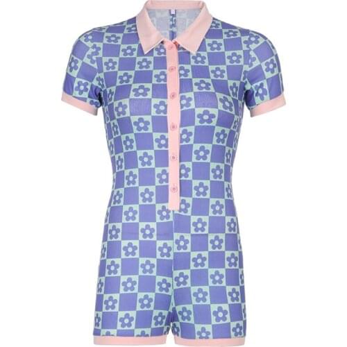 Women Short Sleeve Bodycon Rompers Sexy Lapel V-Neck Button Up Floral Jumpsuit