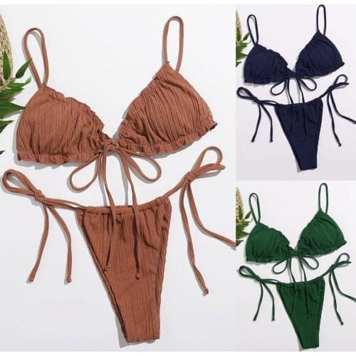 Women Fashion Biquini Swimwear Padded Bra Bikini Set Swimsuit Ladies Solid Bandage Push-up Triangle Swimwear Beach Wear Biquini