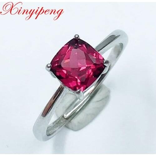 Xin Yipeng S925 sterling silver plated white gold inlaid real natural garnet ring fine anniversary birthday gift for women 6*6mm