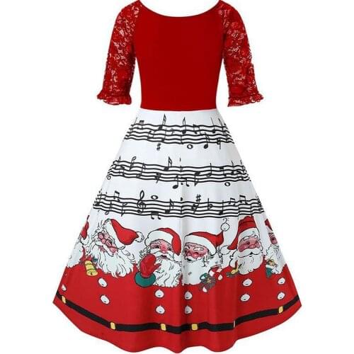 Women 1950s Vintage V Neck Half Sleeve Cocktail Swing Dress New Mid-sleeve Christmas V-neck Lace Santa Print Dress Retro Wrapped