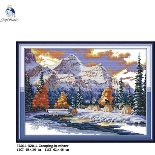 The Camping in Winter Printed Canvas Cross Stitch DMC 11CT 14CT DIY Cross-Stitch Kits Handmade Aida Embroidery for Needlework
