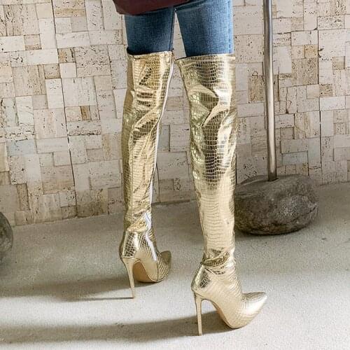 Winter Women Shoes Over the Knee Boots Crocodile Pattern PU Pointed Toe Super High Heel Ladies Boots Sexy Gold Silver Boots
