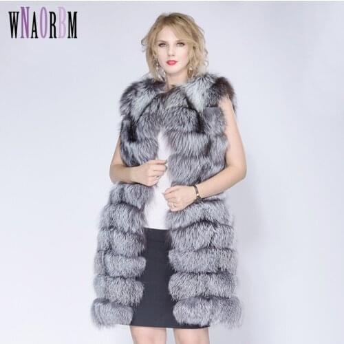 Winter Silver Fox Fur Vest Real Silver fox Fur Coat Nature Fur Vest Stripe Medium-long Vest Casual Fashion Women