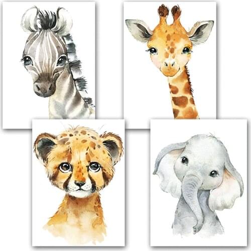 Watercolor Animal Poster A4 Elephant Tiger Cute Cartoon Kindergarten Children Room Decorative Painting Baby Room Decor Adorable