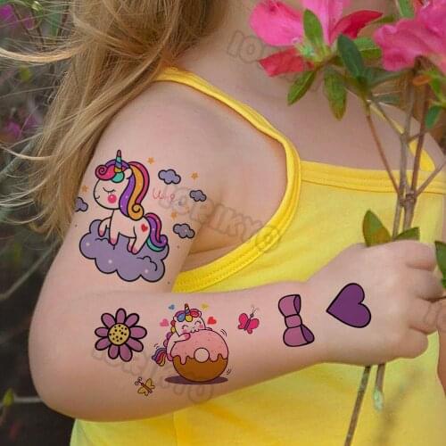 Bow Flower Unicorn Temporary Tattoo For Kids Baby Girls Daughter Cartoon Butterfly Tattoos Sticker Fake Kawaii Tatoos Neck Face
