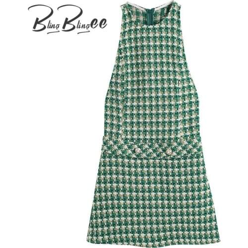 BlingBlingee Za 2021 Autumn Woman Traf Mini Dress Sleeveless Buttons Casual Green Tweed Woolen A-Line Dress with Drop Arm Hole