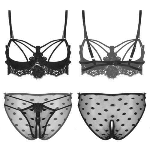 Women Exotic Sets Underwear Lace Embroidered Lingerie Set Push Up Underwire Strappy Bra Tops with Erotic Crotchless Briefs