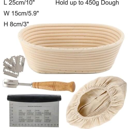 10 inch Oval Bannetons Rattan Bread Proofing Basket Kit Bortforms Bread Baking Mold Bakeware Tools w/Linen Cover Dough Scraper