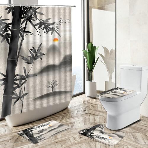 Chinese Landscape Shower Curtain Ink Painting Art Bathroom Set Trees Bamboo Flower Design Non-Slip Carpet Toilet Cover Floor Mat