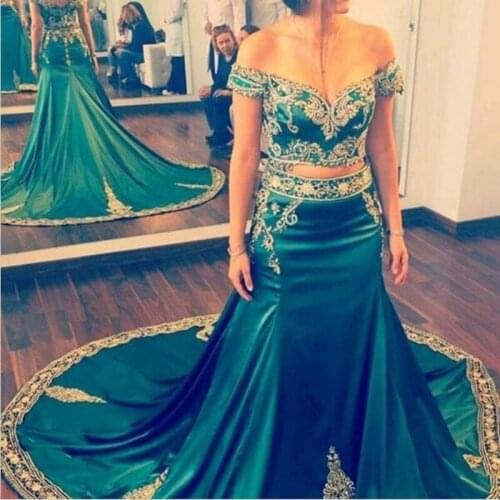 Two Piece Set Dark Green Short Sleeves Arabic Evening Gown Gold Embroidery Formal Wedding Party Dress Vestido Longo De Festa