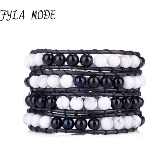 Fyla Mode Lovely Multilayer Bracelet 6mm Assorted White&Black Onyx Howlite Knotted Black Leather Wrap Stone Beaded Bracelet