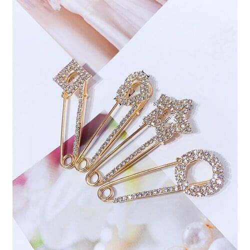Fashion Rhinestones Safety Pin Brooches Star Heart Large Pins Brooch For Women Dress Gold Crystals Elegant Brooche Jewelry
