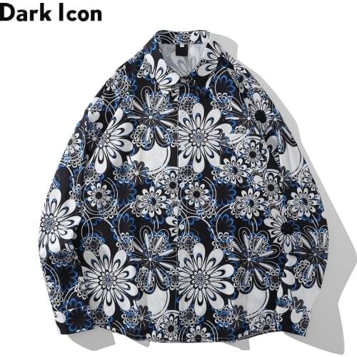 Dark Icon Floral Printed Mens Shirt Long Sleeve Turn-down Collar Autumn Hawaiian Shirt Male Top