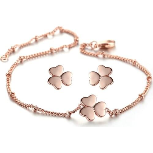 Clover Sets For Women Rose Gold Color Copper Trendy Accessories Gift For Girls Friends Fashion Jewelry S511