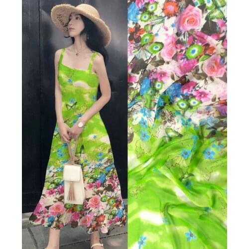 Tela New French Lace silk Fabric For Sewing Woven Material Curtains Tulle Blouse Dress Green flowers silk chiffon Fabric Textile