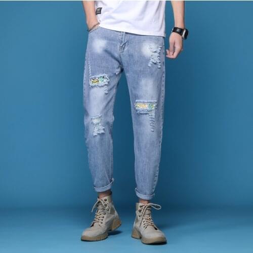 2021 New Spring And Summer Men Jeans Fashion Ripped Loose Male Ankle-Length Pants Straight Casual Mens Denim Pants