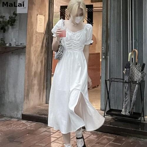 Women Dress French Vintage One Piece Fashion Casual Summer Solid Elegant Female Design Puff Sleeve Slim Korean Style Midi Dress