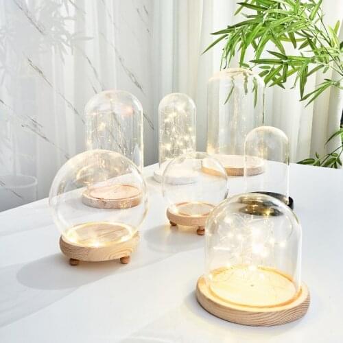 Clear Vases Glass Flower Display Cloche Home Decor Vases With Light Belt + Wooden Base Everlasting Flower Glass Cover