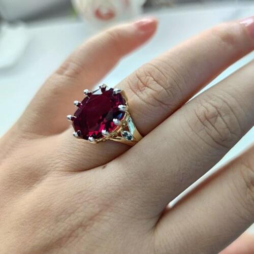 Christmas Gift For Wife Big Oval Red Zirconia Ring Gold-Golor 2 Tone Jewellery Anniversary Luxury Large Stone Jewelry