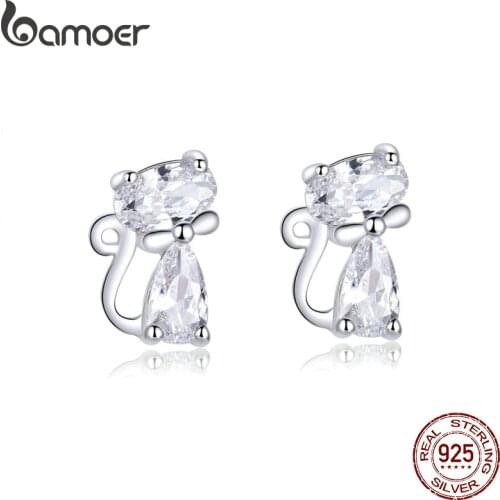 Bamoer Cat Silver Stud Earrings Sterling Silver 925 Clear CZ Cute Animal Ohrringe Hypoallergenic Female Gift Brincos BSE206
