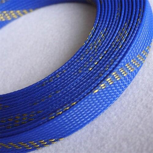 Blue & Golden - High quality 18mm Braided PET Expandable Sleeving High Density Sheathing Plaited Cable Sleeves 1M