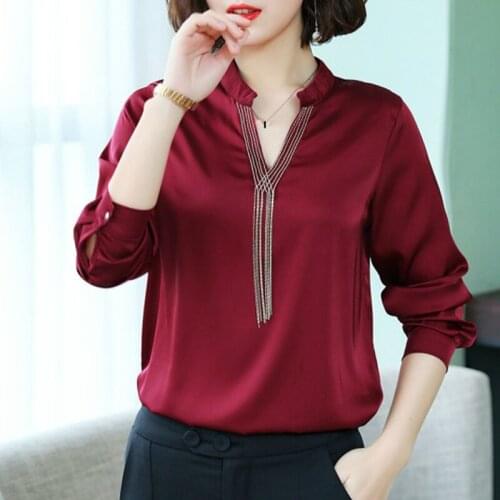2019 New Arrival Spring Fall Women V Neck Green Black White Imitation Silk Tops And Blouse , Female Woman Wine Red Blouse Shirt