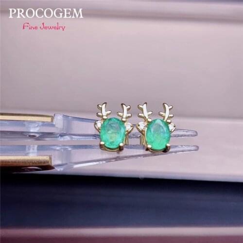 PROCOGEM Natural Emerald stud Earrings for girls OL daily gifts Genuine gemstones Reindeer Fine Earring 925 Sterling Silver #741