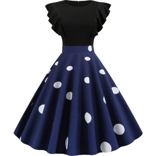 2021 Two Tone Ruffle Armhole Polka Dot Elegant Women Vintage Dress Female O-Neck A Line Retro Clothes Slim Swing Dresses